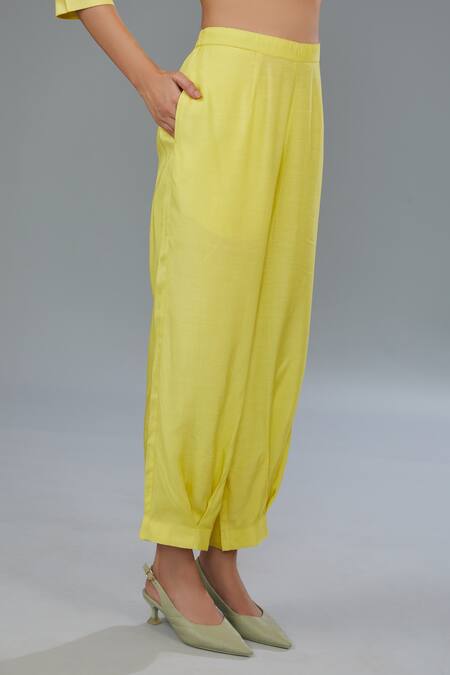 Shop_Kahani Lush_Yellow Cotton, Silk Embroidery Collared Floral Applique Work Shirt And Pant Set _Online_at_Aza_Fashions