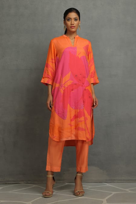 Kahani Lush_Orange Cotton, Silk Sequins, Embroidery Blossom Print Shirt Kurta And Pant Set _Online_at_Aza_Fashions