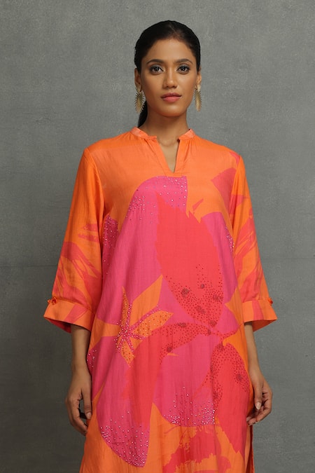 Buy_Kahani Lush_Orange Cotton, Silk Sequins, Embroidery Blossom Print Shirt Kurta And Pant Set _Online_at_Aza_Fashions