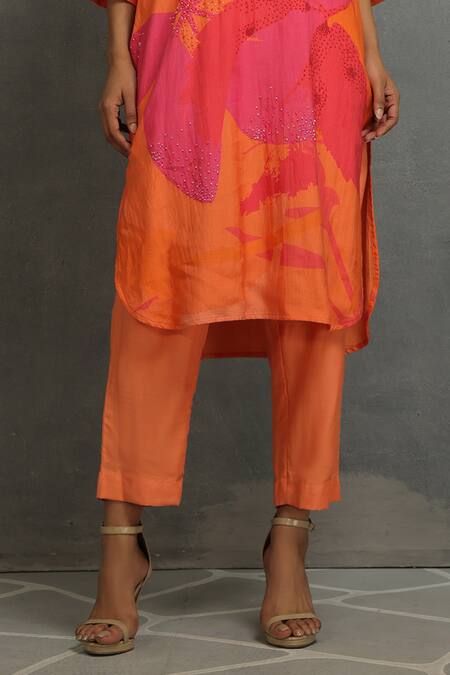 Shop_Kahani Lush_Orange Cotton, Silk Sequins, Embroidery Blossom Print Shirt Kurta And Pant Set _Online_at_Aza_Fashions