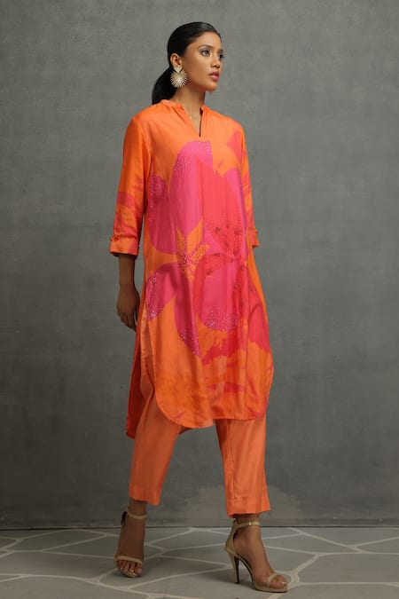 Kahani Lush_Orange Cotton, Silk Sequins, Embroidery Blossom Print Shirt Kurta And Pant Set _at_Aza_Fashions