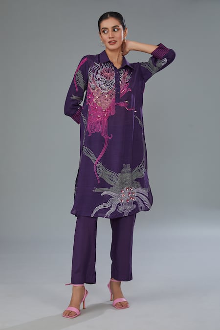 Kahani Lush Purple Cotton Silk Digital Print Abstract Floral Shirt Kurta And Pant Co-ord Set 