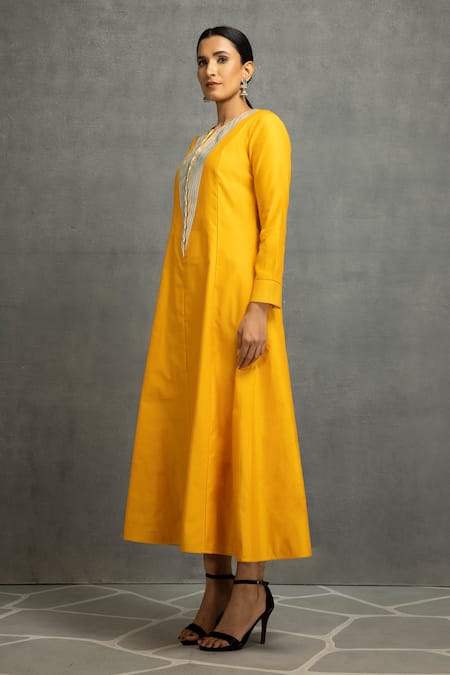 Buy_Kahani Lush_Yellow Chanderi Silk Lace Round Neck Embellished Yoke Dress _Online_at_Aza_Fashions