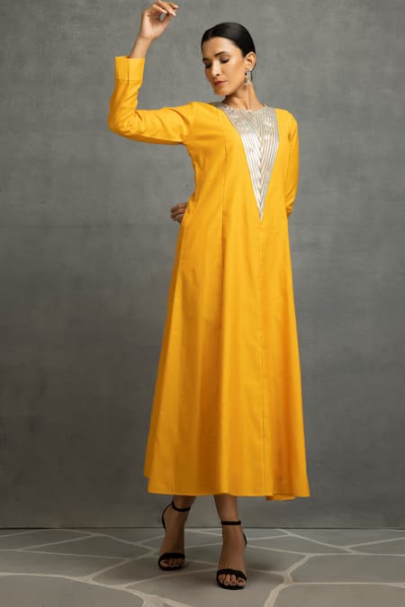 Shop_Kahani Lush_Yellow Chanderi Silk Lace Round Neck Embellished Yoke Dress _Online_at_Aza_Fashions