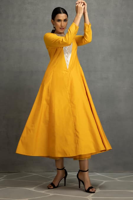Kahani Lush_Yellow Chanderi Silk Lace Round Neck Embellished Yoke Dress _at_Aza_Fashions