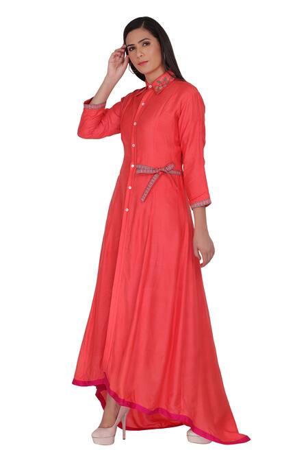 Buy_Kahani Lush_Orange Chanderi Embroidery Collared Dress _Online_at_Aza_Fashions