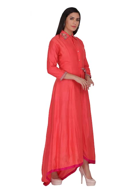 Shop_Kahani Lush_Orange Chanderi Embroidery Collared Dress _Online_at_Aza_Fashions