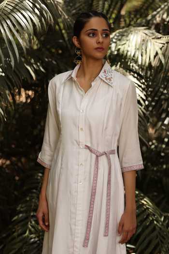 Kahani Lush_White Chanderi Embroidery Collared Floral Dress _Online_at_Aza_Fashions