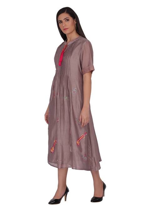Kahani Lush_Brown Chanderi Silk Embroidery Collared Pintucked And Dress _Online_at_Aza_Fashions