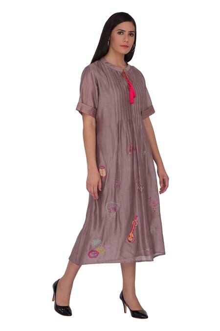 Buy_Kahani Lush_Brown Chanderi Silk Embroidery Collared Pintucked And Dress _Online_at_Aza_Fashions