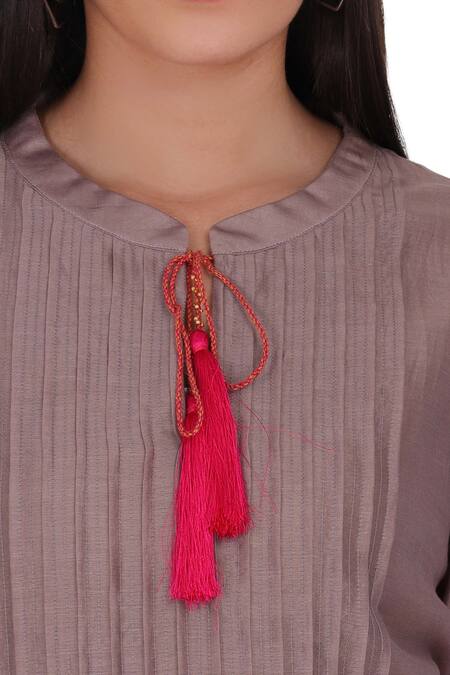 Shop_Kahani Lush_Brown Chanderi Silk Embroidery Collared Pintucked And Dress _Online_at_Aza_Fashions