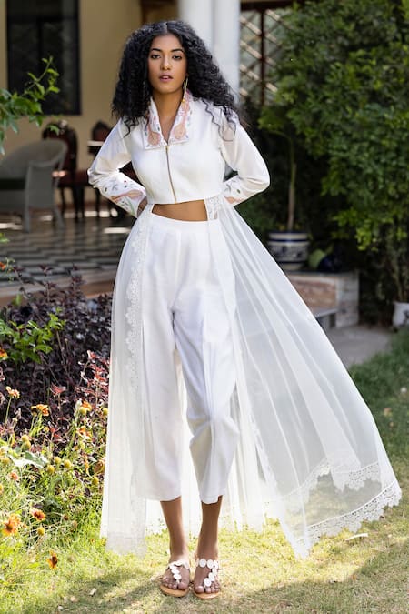 Shop_Kahani Lush_White Net, Chanderi Silk Embroidery Collared Placement Top And Pant Set _at_Aza_Fashions