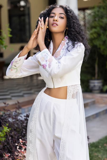 Kahani Lush_White Net, Chanderi Silk Embroidery Collared Placement Top And Pant Set _Online_at_Aza_Fashions