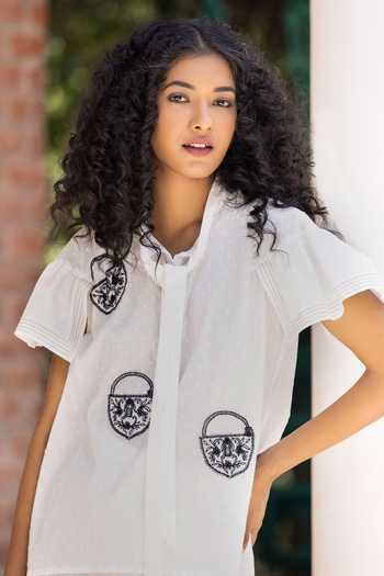 Kahani Lush_White Cotton Embroidery Open Neck Lock Shirt And Palazzo Co-ord Set _Online_at_Aza_Fashions