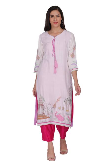 Kahani Lush_White Silk, Cotton Embroidery Round Neck Palace Instrument Kurta And Pant Set _Online_at_Aza_Fashions