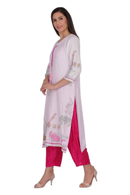 Buy_Kahani Lush_White Silk, Cotton Embroidery Round Neck Palace Instrument Kurta And Pant Set _Online_at_Aza_Fashions