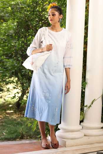 Kahani Lush_Blue Cotton Embroidery Round Neck Ombre Dress _Online_at_Aza_Fashions