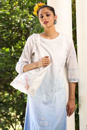 Buy_Kahani Lush_Blue Cotton Embroidery Round Neck Ombre Dress _Online_at_Aza_Fashions