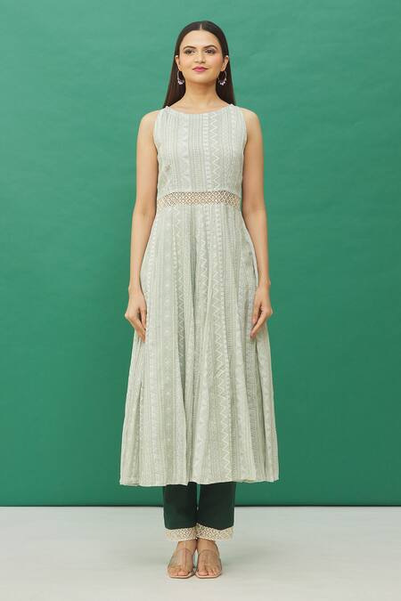 Samyukta Singhania_Green Cotton Embroidery, Sequins Round Neck Geometric Stripe Print Anarkali_at_Aza_Fashions