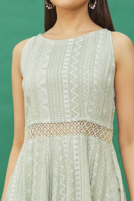 Buy_Samyukta Singhania_Green Cotton Embroidery, Sequins Round Neck Geometric Stripe Print Anarkali_Online_at_Aza_Fashions