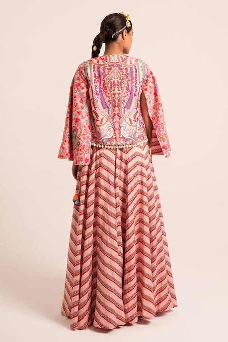 Shop Ruhr India Multi Color Denim, Silk Gota Patti, Tassels Chevron Print Lehenga Jacket Set at Aza Fashions Shop_Ruhr India_Multi Color Denim, Silk Gota Patti, Tassels Chevron Print Lehenga Jacket Set _at_Aza_Fashions