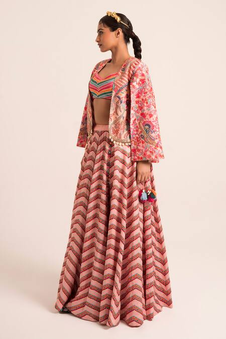 Ruhr India Multi Color Denim, Silk Gota Patti, Tassels Chevron Print Lehenga Jacket Set Online at Aza Fashions Ruhr India_Multi Color Denim, Silk Gota Patti, Tassels Chevron Print Lehenga Jacket Set _Online_at_Aza_Fashions