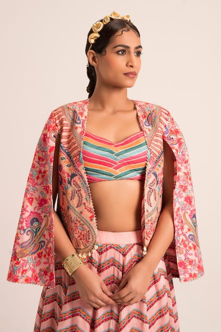 Buy Ruhr India Multi Color Denim, Silk Gota Patti, Tassels Chevron Print Lehenga Jacket Set Online at Aza Fashions Buy_Ruhr India_Multi Color Denim, Silk Gota Patti, Tassels Chevron Print Lehenga Jacket Set _Online_at_Aza_Fashions