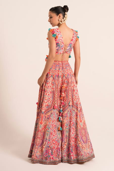 Shop Ruhr India Multi Color Denim, Silk Tassels, Pearls, Embellished Top And Sharara Set at Aza Fashions Shop_Ruhr India_Multi Color Denim, Silk Tassels, Pearls, Embellished Top And Sharara Set _at_Aza_Fashions