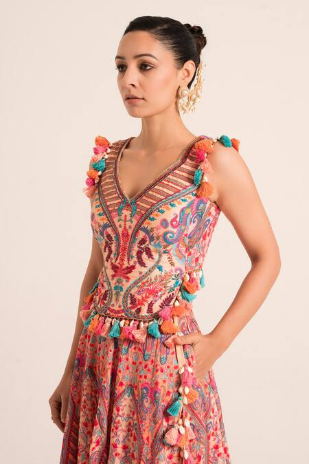 Ruhr India Multi Color Denim, Silk Tassels, Pearls, Embellished Top And Sharara Set Online at Aza Fashions Ruhr India_Multi Color Denim, Silk Tassels, Pearls, Embellished Top And Sharara Set _Online_at_Aza_Fashions