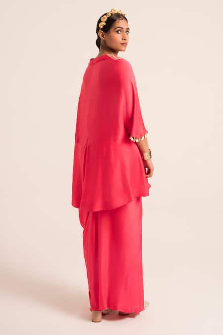 Shop Ruhr India Pink Satin Embroidery V-neck Paisley Print Kaftan And Dhoti Set at Aza Fashions Shop_Ruhr India_Pink Satin Embroidery V-neck Paisley Print Kaftan And Dhoti Set _at_Aza_Fashions