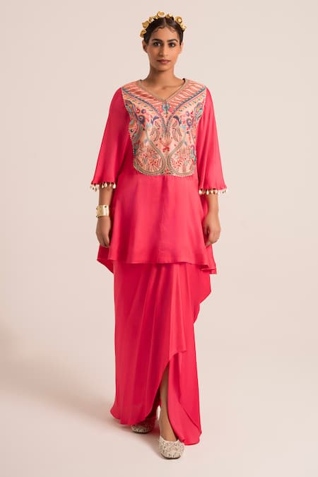 Ruhr India Pink Satin Embroidery V-neck Paisley Print Kaftan And Dhoti Set Online at Aza Fashions Ruhr India_Pink Satin Embroidery V-neck Paisley Print Kaftan And Dhoti Set _Online_at_Aza_Fashions