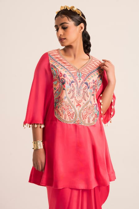Buy Ruhr India Pink Satin Embroidery V-neck Paisley Print Kaftan And Dhoti Set Online at Aza Fashions Buy_Ruhr India_Pink Satin Embroidery V-neck Paisley Print Kaftan And Dhoti Set _Online_at_Aza_Fashions