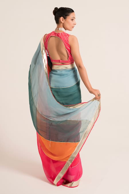 Shop Ruhr India Multi Color Organza, Satin Gota Patti Sweetheart Embellished Saree With Blouse at Aza Fashions Shop_Ruhr India_Multi Color Organza, Satin Gota Patti Sweetheart Embellished Saree With Blouse _at_Aza_Fashions