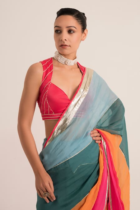 Ruhr India Multi Color Organza, Satin Gota Patti Sweetheart Embellished Saree With Blouse Online at Aza Fashions Ruhr India_Multi Color Organza, Satin Gota Patti Sweetheart Embellished Saree With Blouse _Online_at_Aza_Fashions