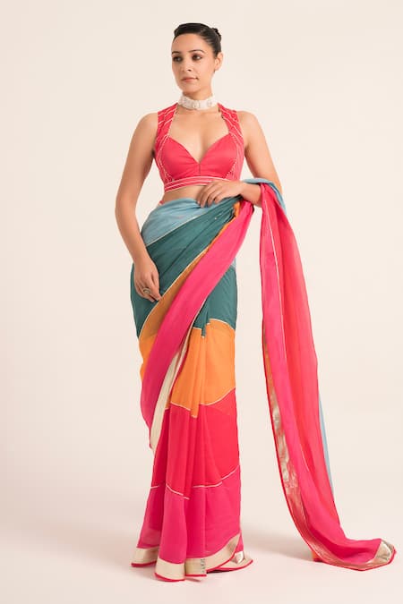 Buy Ruhr India Multi Color Organza, Satin Gota Patti Sweetheart Embellished Saree With Blouse Online at Aza Fashions Buy_Ruhr India_Multi Color Organza, Satin Gota Patti Sweetheart Embellished Saree With Blouse _Online_at_Aza_Fashions