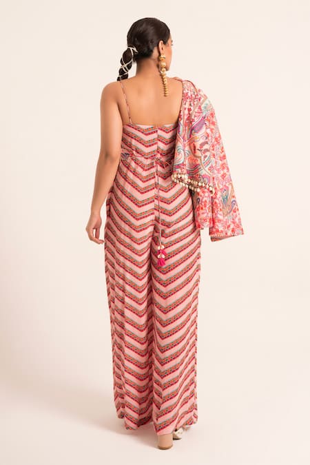 Shop Ruhr India Multi Color Crepe Beads, Embroidery, Applique, Chevron Print Jumpsuit Jacket Set at Aza Fashions Shop_Ruhr India_Multi Color Crepe Beads, Embroidery, Applique, Chevron Print Jumpsuit Jacket Set _at_Aza_Fashions
