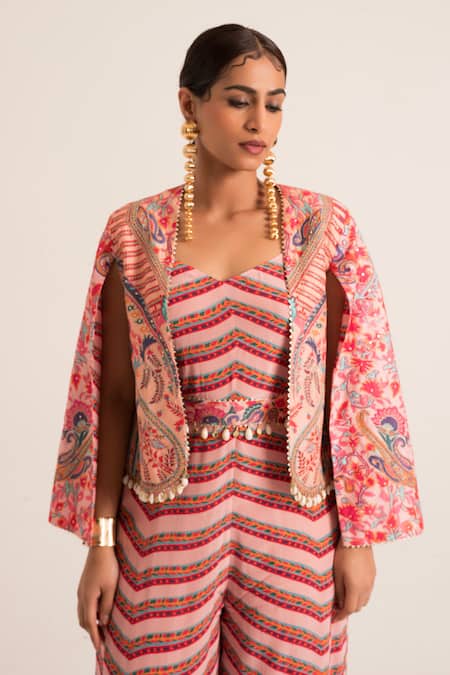 Buy Ruhr India Multi Color Crepe Beads, Embroidery, Applique, Chevron Print Jumpsuit Jacket Set Buy_Ruhr India_Multi Color Crepe Beads, Embroidery, Applique, Chevron Print Jumpsuit Jacket Set