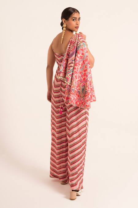 Shop Ruhr India Multi Color Crepe Beads, Embroidery, Applique, Chevron Print Jumpsuit Jacket Set Shop_Ruhr India_Multi Color Crepe Beads, Embroidery, Applique, Chevron Print Jumpsuit Jacket Set