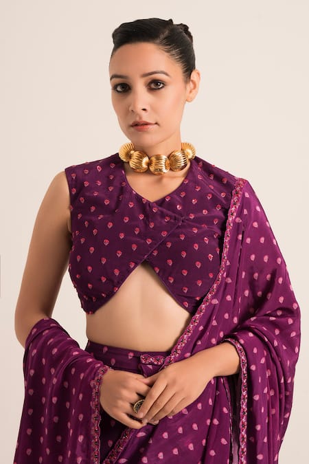 Ruhr India_Purple Crepe Sequins, Embellished Scallop Hem Pre-drapped Saree With Blouse _Online_at_Aza_Fashions