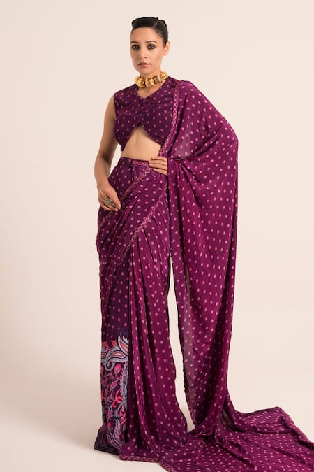 Buy_Ruhr India_Purple Crepe Sequins, Embellished Scallop Hem Pre-drapped Saree With Blouse _Online_at_Aza_Fashions