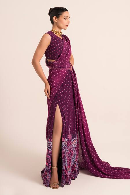 Shop_Ruhr India_Purple Crepe Sequins, Embellished Scallop Hem Pre-drapped Saree With Blouse _Online_at_Aza_Fashions