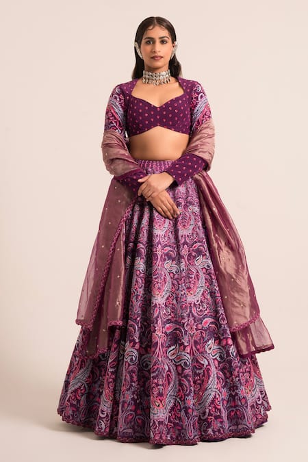 Ruhr India Purple Crepe Embellished Sequin Sweetheart Floral Pattern Lehenga Blouse Set 