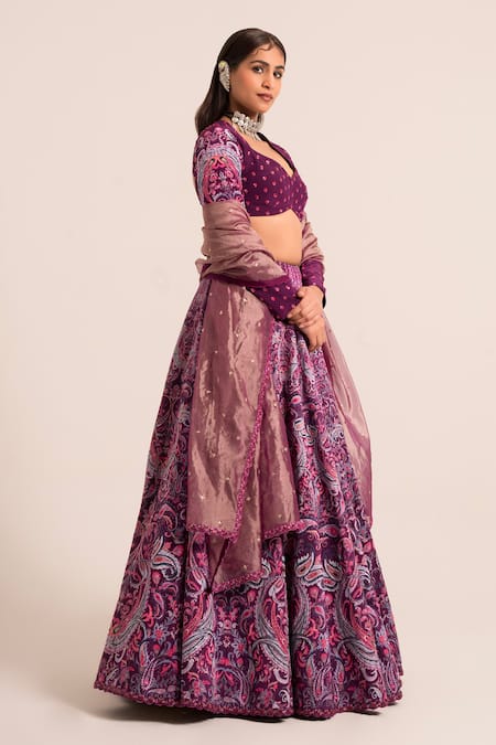 Ruhr India_Purple Tissue, Crepe, Denim Floral Pattern Embellished Lehenga Blouse Set _Online_at_Aza_Fashions