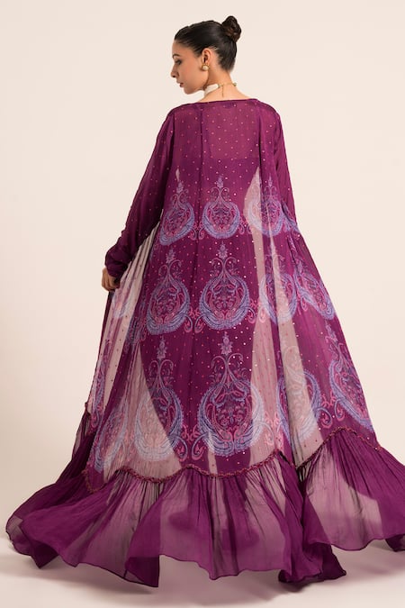 Shop Ruhr India Purple Crepe, Chiffon Sequins, Beads Sweetheart Neck Embellished Cape Dhoti Set at Aza Fashions Shop_Ruhr India_Purple Crepe, Chiffon Sequins, Beads Sweetheart Neck Embellished Cape Dhoti Set _at_Aza_Fashions