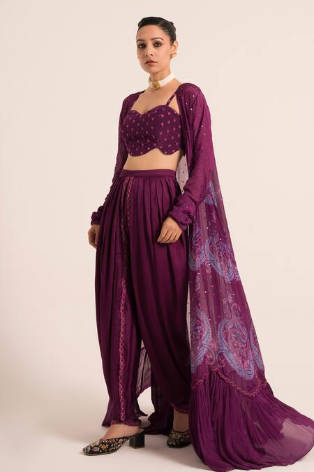 Ruhr India Purple Crepe, Chiffon Sequins, Beads Sweetheart Neck Embellished Cape Dhoti Set Online at Aza Fashions Ruhr India_Purple Crepe, Chiffon Sequins, Beads Sweetheart Neck Embellished Cape Dhoti Set _Online_at_Aza_Fashions