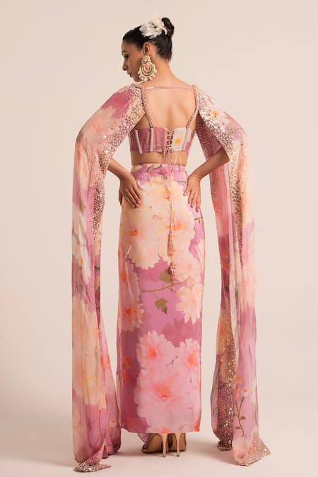 Shop Ruhr India Pink Organza, Crepe Pearls, Floral Pattern Embellished Corset And Dhoti Set at Aza Fashions Shop_Ruhr India_Pink Organza, Crepe Pearls, Floral Pattern Embellished Corset And Dhoti Set _at_Aza_Fashions