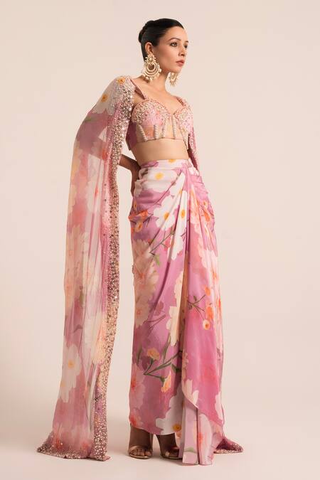 Ruhr India Pink Organza, Crepe Pearls, Floral Pattern Embellished Corset And Dhoti Set Online at Aza Fashions Ruhr India_Pink Organza, Crepe Pearls, Floral Pattern Embellished Corset And Dhoti Set _Online_at_Aza_Fashions