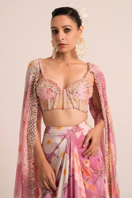 Buy Ruhr India Pink Organza, Crepe Pearls, Floral Pattern Embellished Corset And Dhoti Set Online at Aza Fashions Buy_Ruhr India_Pink Organza, Crepe Pearls, Floral Pattern Embellished Corset And Dhoti Set _Online_at_Aza_Fashions