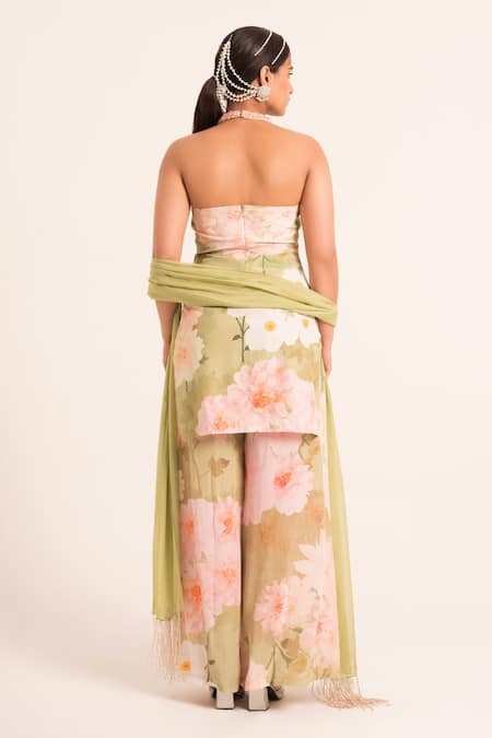 Shop_Ruhr India_Green Organza, Crepe Pearls, Fringe, Floral Pattern Straight Kurta Palazzo Set _at_Aza_Fashions