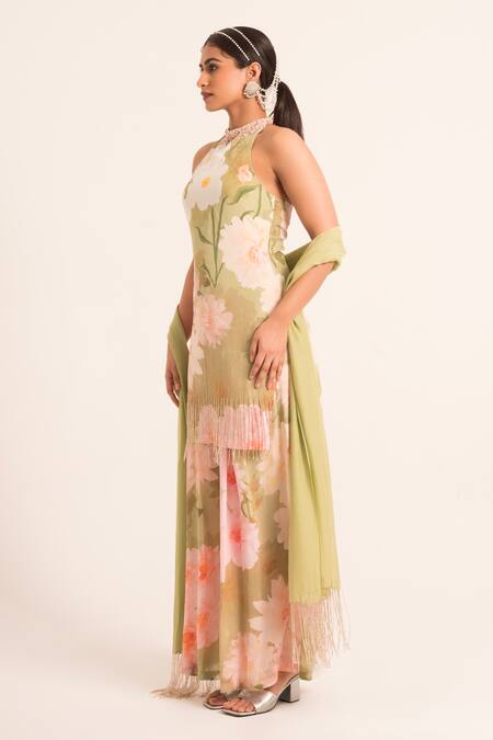 Ruhr India_Green Organza, Crepe Pearls, Fringe, Floral Pattern Straight Kurta Palazzo Set _Online_at_Aza_Fashions
